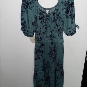 Cato Teal and Navy Floral Long Sleeve Dress